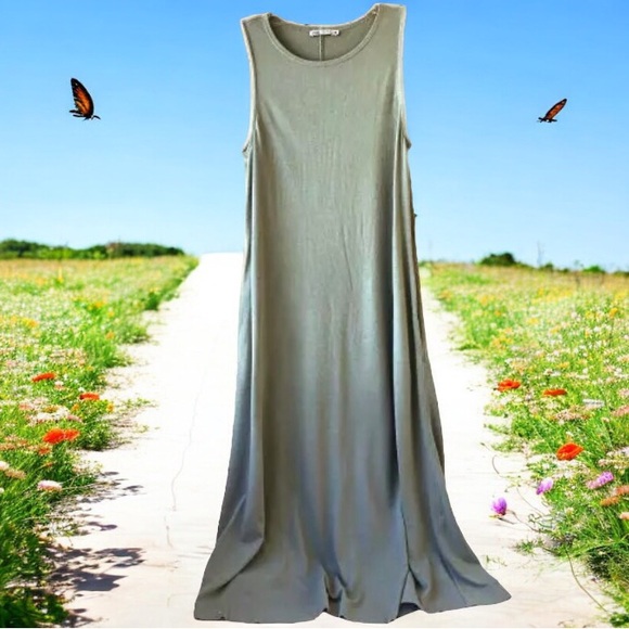 Zara Green T-shirt Tunic Sleeveless Swing Dress Knit Midi Pockets - Picture 3 of 16